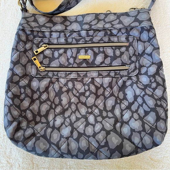 Travelon Gray Leopard Print Crossbody Bag Purse Anti Theft RFID Blocking Travel - Picture 2 of 10